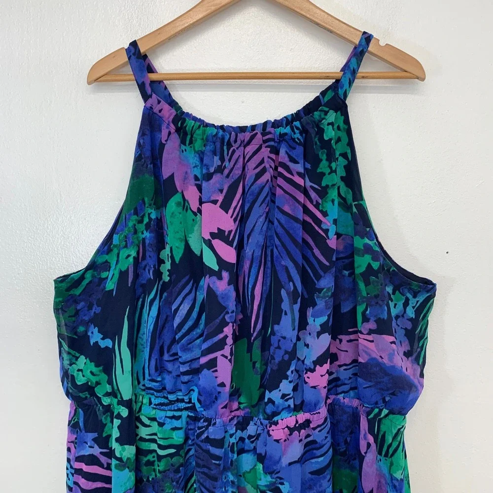 Lane Bryant Tropical Halter Handkerchief Hem Dress  Purple Abstract  Plus 26/28
